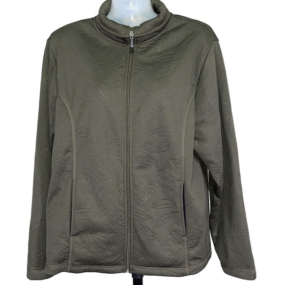 Nina Capri Jackets & Blazers - Nina Capri Olive Green Floral Textured Zip-Up Jacket large